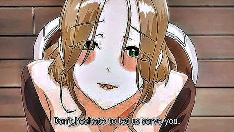 Blushing anime girl with brown hair leans forward invitingly in hentai scene