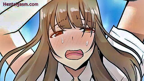 Teary-eyed anime schoolgirl in white uniform, blushing with open mouth ecstasy