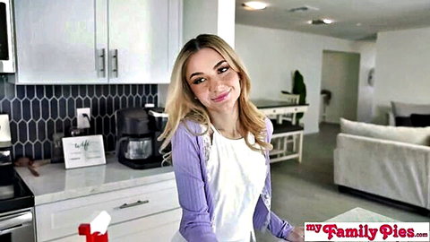 Blonde Demi Hawks smiles in kitchen, teasing stepbro taboo confession