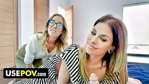 Brunette fucks blonde's pussy doggy style with huge pink dildo POV