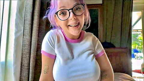 Cute stepsis with purple hair, glasses, braces in tight crop top showing big cleavage, OnlyFans fan