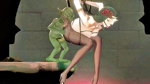 Hentai beauty in lingerie and stockings taken from behind by green goblin monster