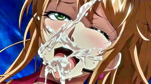 Blushing anime girl with orange hair and green eyes takes facial cumshot close-up