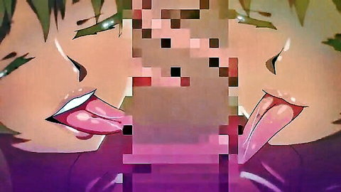 Two green-haired hentai girls licking a big censored cock with their pink tongues out.