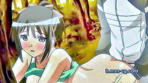 Hentai brunette babe in green bikini bent over autumn forest exposing wet pussy and ass as guy grips from behind