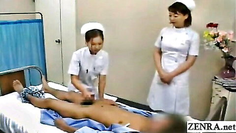 POV Japanese nurses giving handjob to patient in clinic education scene