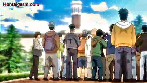 Group of anime schoolboys standing from behind in uniforms outdoors near lighthouse hentai scene