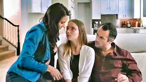 Brunette MILF in blue jacket confronts blonde teen stepdaughter and stepdad in tense taboo kitchen talk