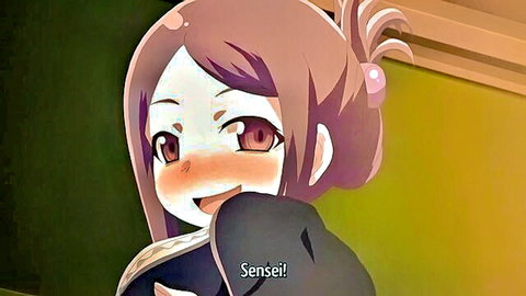 Blushing anime schoolgirl in black uniform hugging sensei affectionately