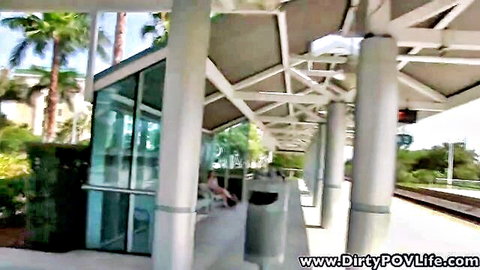 Pale redhead teen picked up at sunny outdoor platform in POV