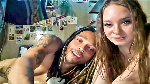 Cute white girl topless selfie with BBC dreadlocked guy, intimate couple pose