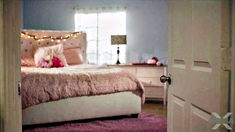 Cozy pink bedroom interior for family sex trip video scene