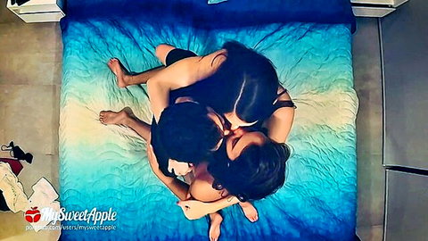 Interracial MFF threesome: hot couple embraces horny Asian teen on bed