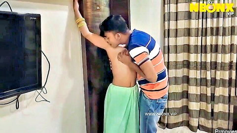 Desi bhabhi topless kissed passionately by lover against wall