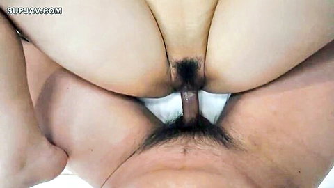 POV close-up of Asian woman's spread ass, pussy, and anal insertion with big tits
