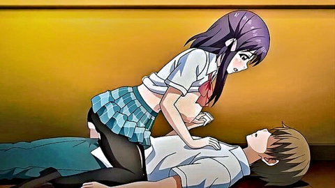 Purple-haired anime schoolgirl in uniform straddles boy in intense hentai cowgirl scene
