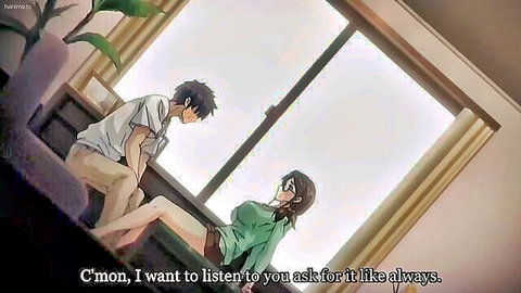Busty hentai mommy in green top seduced by young man from behind