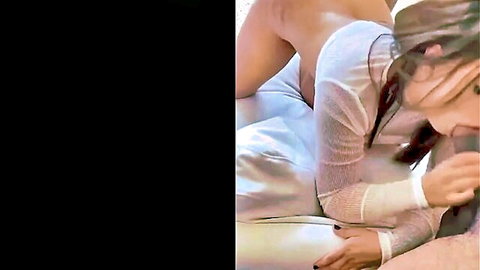 Woman in sheer white top gets intense double penetration in doggy style, explicit anal and vaginal action