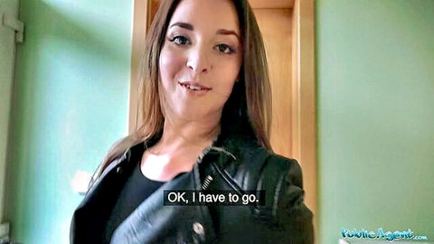 Amirah Adara smiles in leather jacket in Public Agent stranger hookup