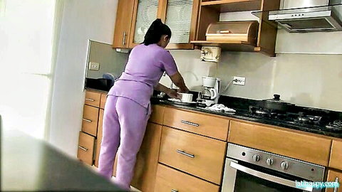 Sexy Latina maid in purple uniform bending over, teasing ass view