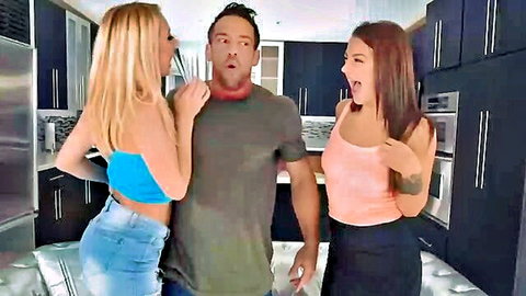 Blonde and brunette MILFs teasing shocked stepdad in blowjob challenge