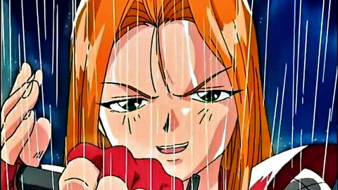 Fierce orange-haired anime hentai girl smirking intensely in pouring rain with wet clinging clothes