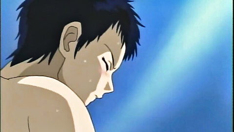 Intense anime hentai boy with teary angry eyes and bare shoulders in dramatic blue lighting