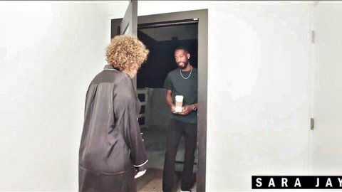 Sara Jay in silky robe greets handsome delivery man at door