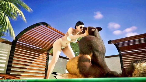 Selena in minimal white bikini hugs and kisses anthropomorphic bear furry outdoors