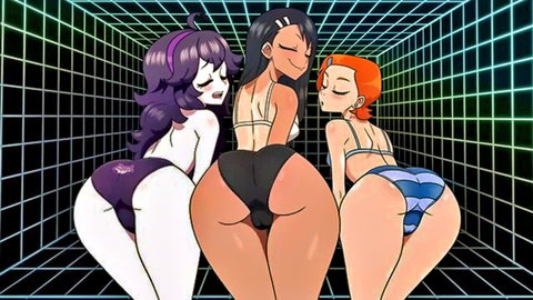 Three curvy anime babes with huge asses in thongs bending over teasing in cyber grid