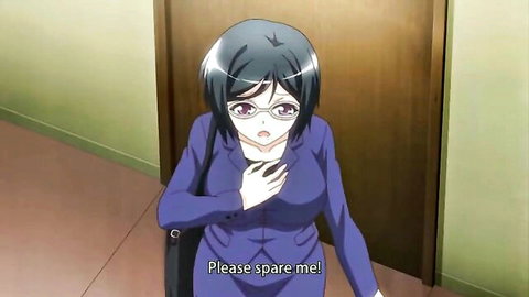 Busty glasses hentai girl in tight blue bodysuit pleads 'Please spare me!' with huge tits heaving