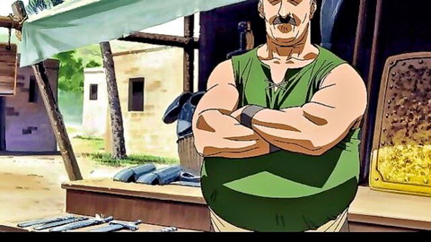 Buff mustached anime man in green tank top crossing muscular arms in tropical market