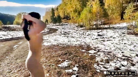 Sweetie Fox nude in snowy forest, stripping outdoors in cold