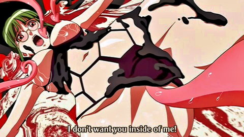 Green-haired anime girl resists tentacle penetration in hentai scene