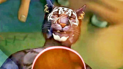 Tiger costume fetish babe with face paint sucking panties in exotic scene