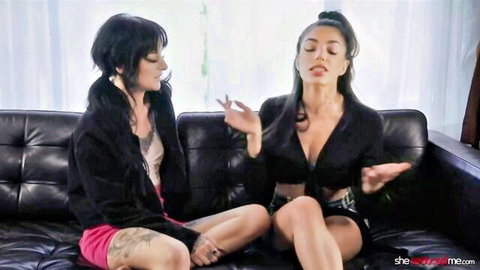 Darcie Dolce and brunette in sheer top tease lesbian seduction