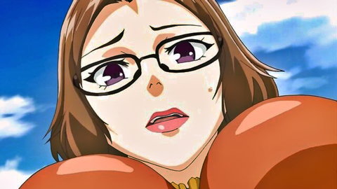 Surprised anime woman with glasses, brown hair, and huge breasts in JAV hentai style