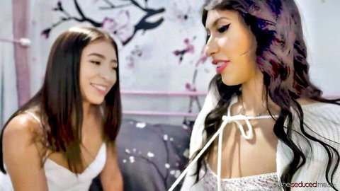 Amber Summer seducing petite stepsister in white lingerie, intimate smile