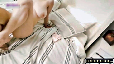 Curvy fair-skinned teen with big ass squats nude on bed spreading shaved pussy and asshole in amateur POV