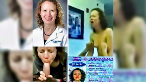 Blonde doctor woman deepthroating thick cock in explicit closeup with nude Asian and passport collage