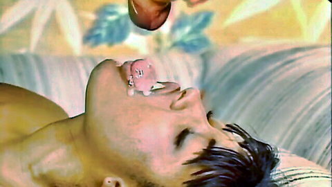 Retro gay blowjob scene with pierced Asian male model