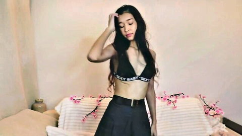 Isauraangeletti Thai beauty in sexy black bra and pleated skirt posing seductively