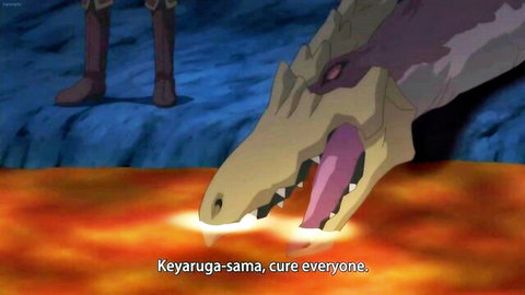 Hentai anime scene: purple dragon with open mouth near lava, character in boots heals
