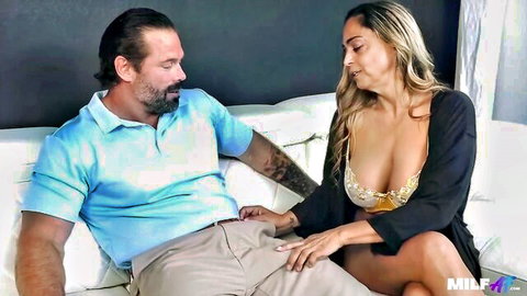 Angel Jackson blonde MILF in lacy bra teases man on couch