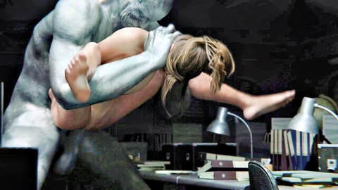 Blonde Claire nude in full nelson restraint by muscular silver man, erotic hold