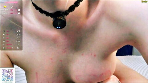 Pale blonde webcam girl exposes scratched pale tits wearing black choker necklace solo