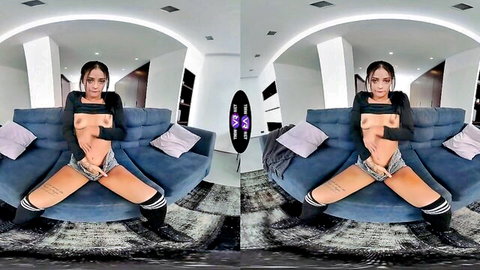 Breiny Zoe skinny teen masturbates topless on sofa in VR