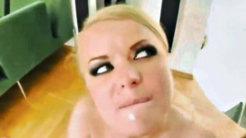 Blonde with heavy makeup eagerly swallowing cum in close-up HD compilation