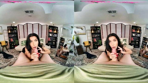 Petite brunette with small tits licks red dildo seductively in POV VR, tongue out passionately