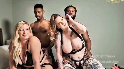 Busty blondes with huge exposed tits in harness lingerie groped by muscular black men on bed